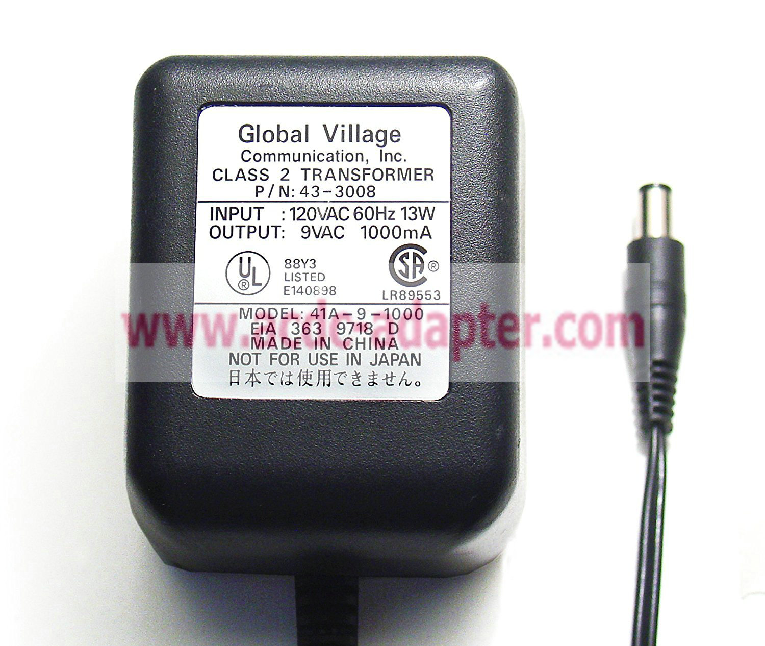New Global Village 43-3008 9VAC 1000mA 41A-9-1000 AC ADAPTER POWER PLUG - Click Image to Close